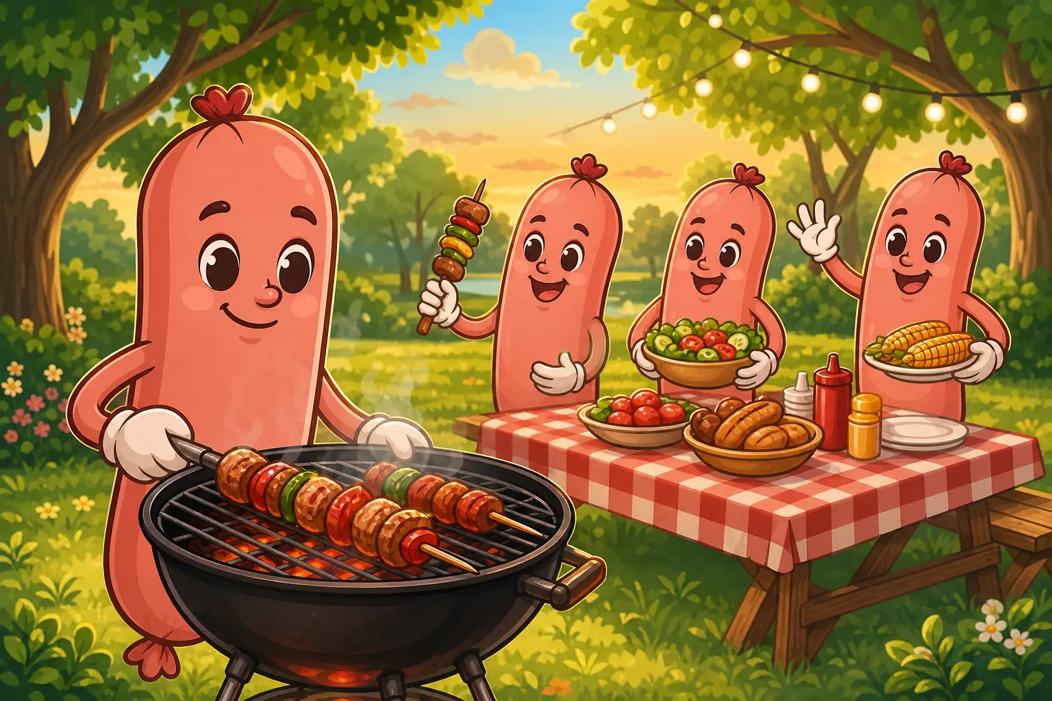 Колбаски готовят шашлыки на природе